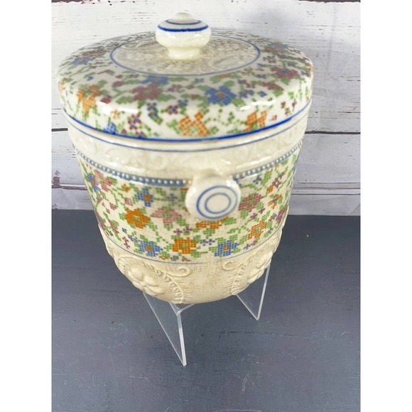 Vintage Ceramic Biscuit Cookie Cracker Jar Barre Cross Stich Pattern No Handle - Picture 4 of 12
